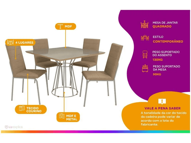 Conjunto Elegance Dining - Mesa Quadrada e 4 Cadeiras Capuccino